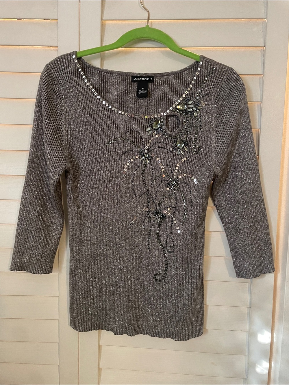 Lauren Michelle Silver Threaded Gray
 Embellished Ribbed Knit Sweater size M EUC